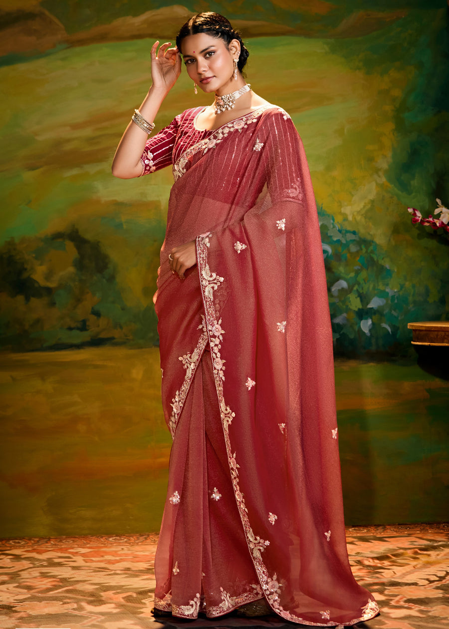 Satin Tissue Rust Brown Embroidered Saree & Contrast Red Blouse