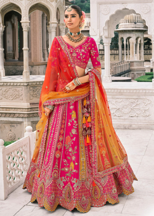 Hot Pink Embroidered Silk Bridal Lehenga Choli