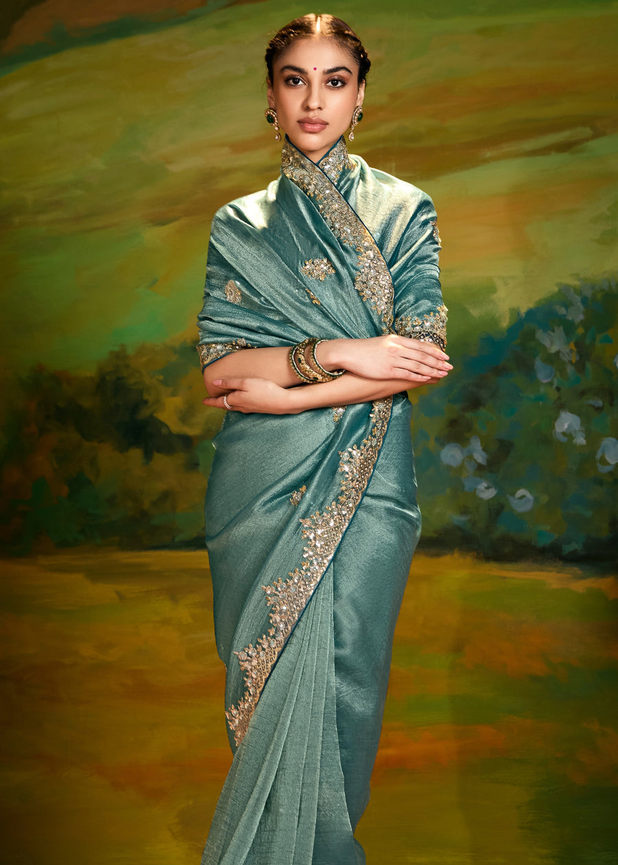 Crushed Satin Tissue Blue Embroidered Saree & Teal Blouse