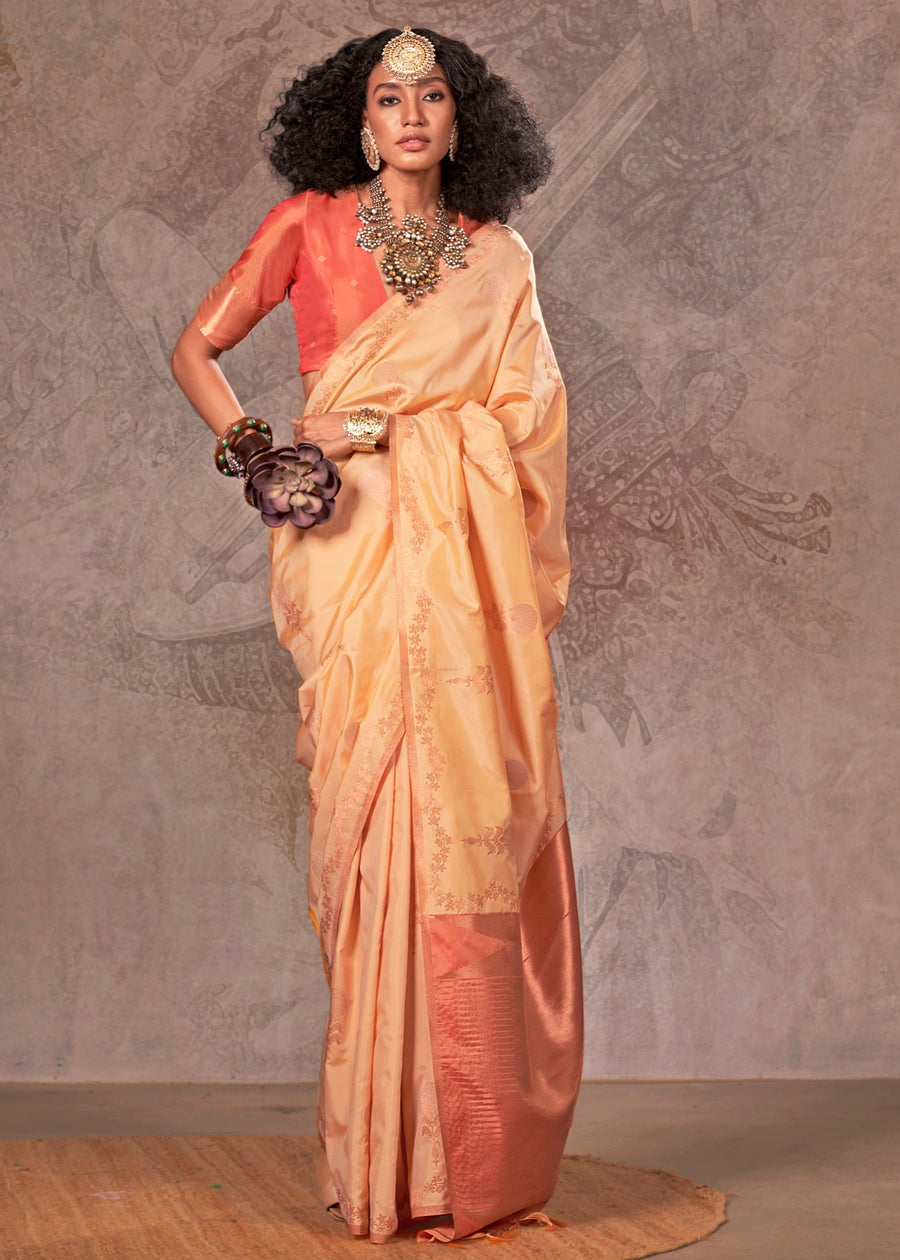 Soft Handloom Banarasi Silk Cream Saree With Contrast Orange Blouse