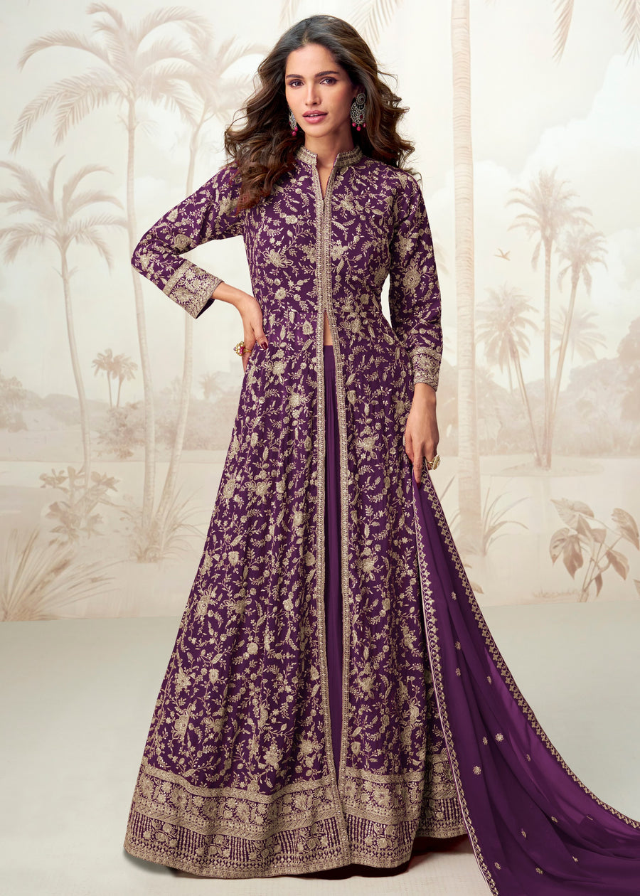 Violet Purple Readymade Jacket Style Anarkali Georgette Suit Set