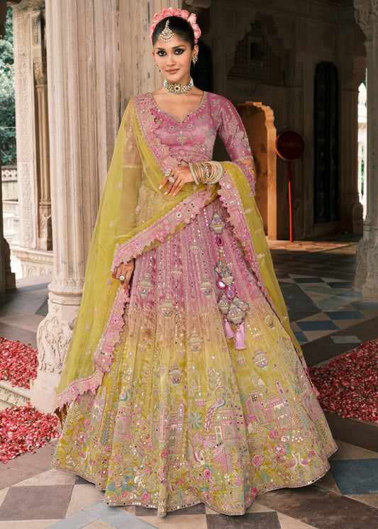 Pastel Pink & Lime Yellow Ombre Effect Embroidered Silk Lehenga Choli