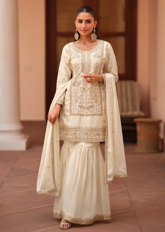 Readymade Creamy White Embroidered Silk Sharara Suit Set with Dupatta