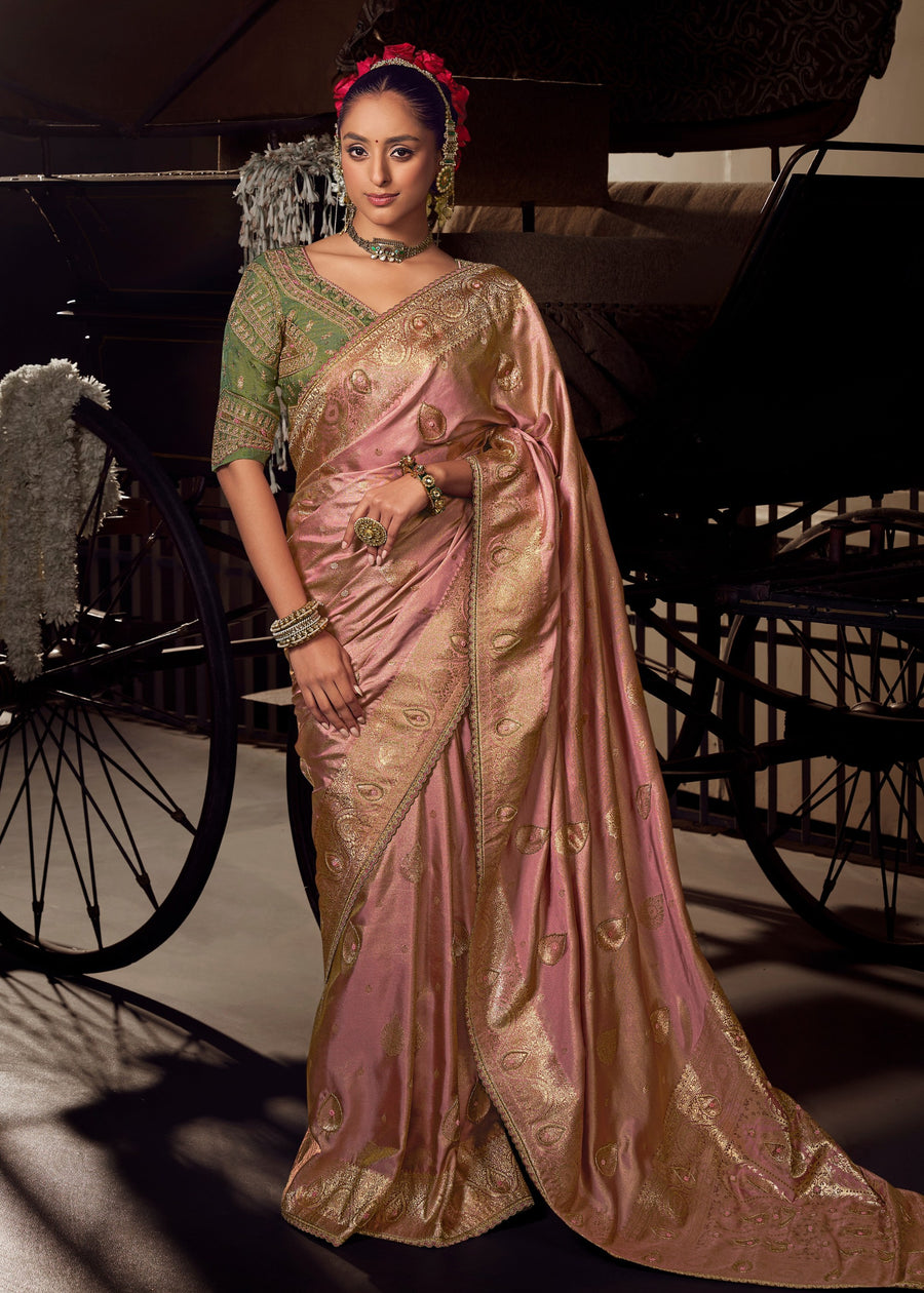 Banarasi Tissue Silk Pastel Pink Handloom Saree & Contrast Green Embroidered Blouse