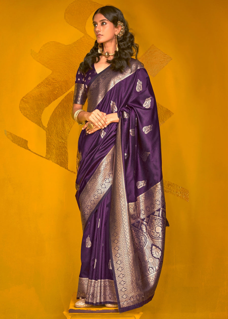 Deep Violet Purple Banarasi Silk Handloom Weaving Zari Saree