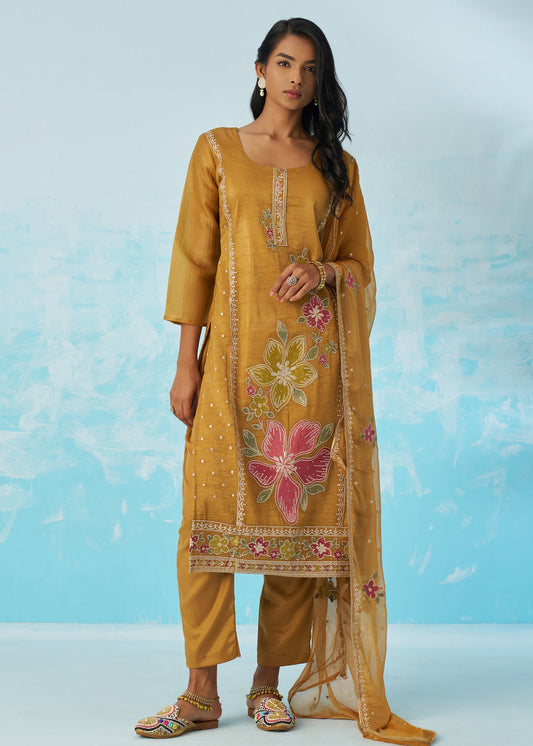 Mustard Yellow Crushed Tissue Silk Ethnic Pant Style Suit With Dupatta