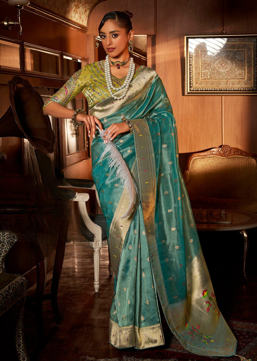 Paithani Tissue Silk Light Blue Handloom Saree & Contrast Lime Yellow Embroidered Blouse