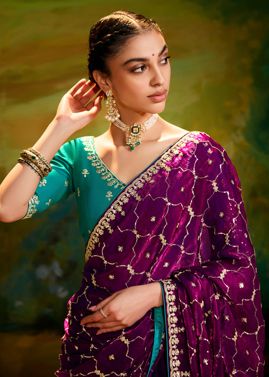 Satin Tissue Magenta Pink Embroidered Saree & Jade Green Blouse