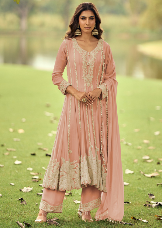 Peachy Pink Georgette Anarkali Suit Set With Beadwork