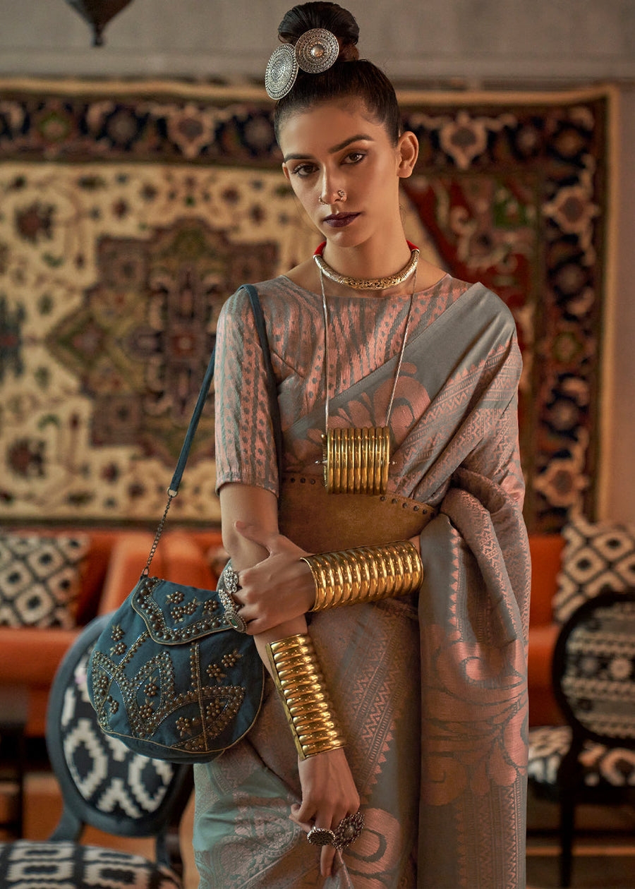 Grey Copper Zari Handloom Weaving Banarasi Silk Saree