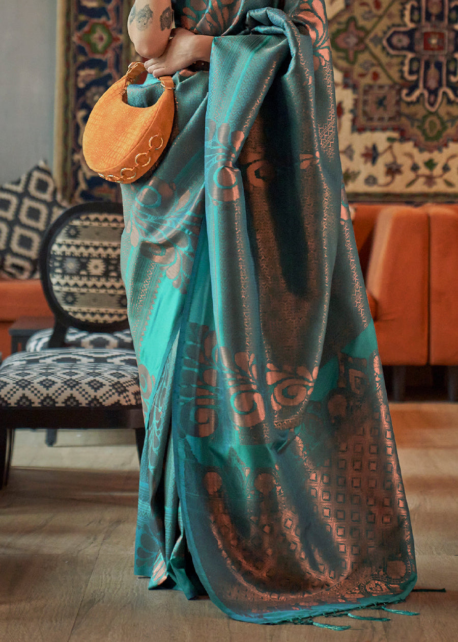 Greenish Blue Copper Zari Handloom Weaving Banarasi Silk Saree