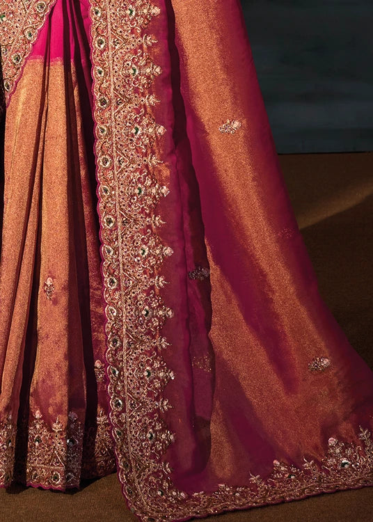 Rani Pink & Golden Kanjivaram Silk Embroidered Saree With Dupatta