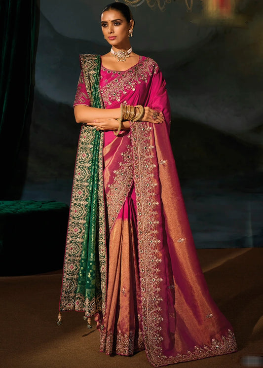 Rani Pink & Golden Kanjivaram Silk Embroidered Saree With Dupatta