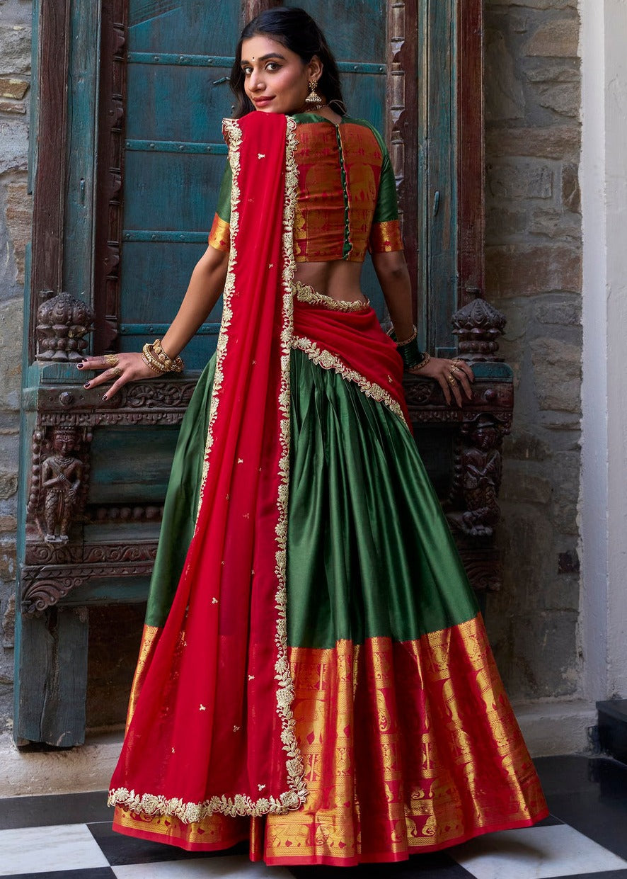 Dark Green & Red Traditional South Indian Silk Lehenga Choli
