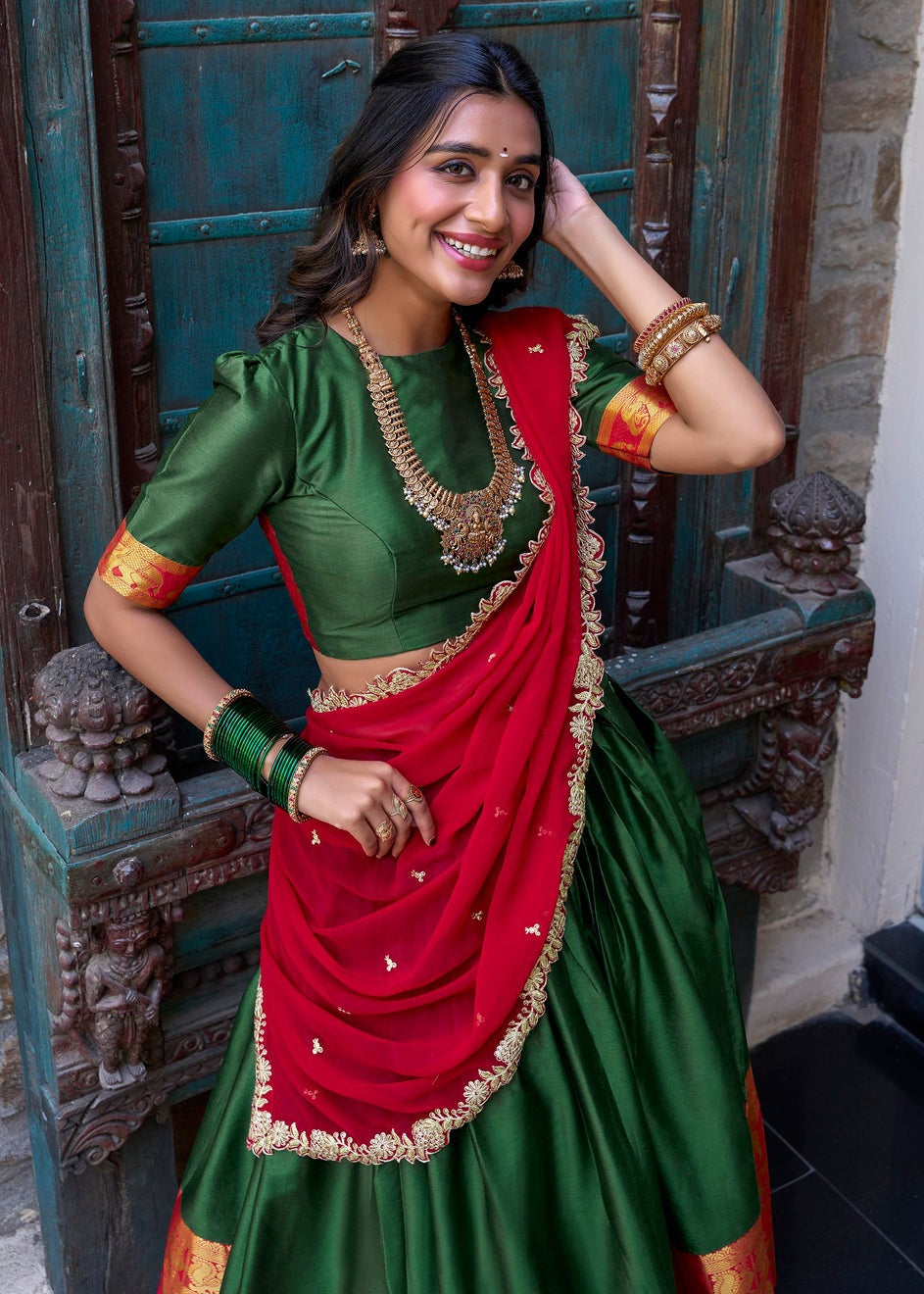 Dark Green & Red Traditional South Indian Silk Lehenga Choli