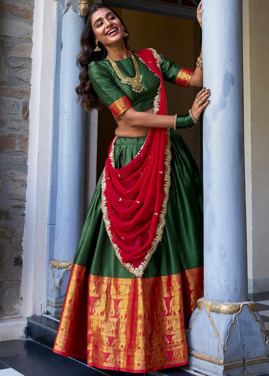 Dark Green & Red Traditional South Indian Silk Lehenga Choli