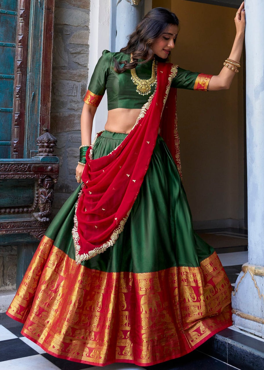 Dark Green & Red Traditional South Indian Silk Lehenga Choli