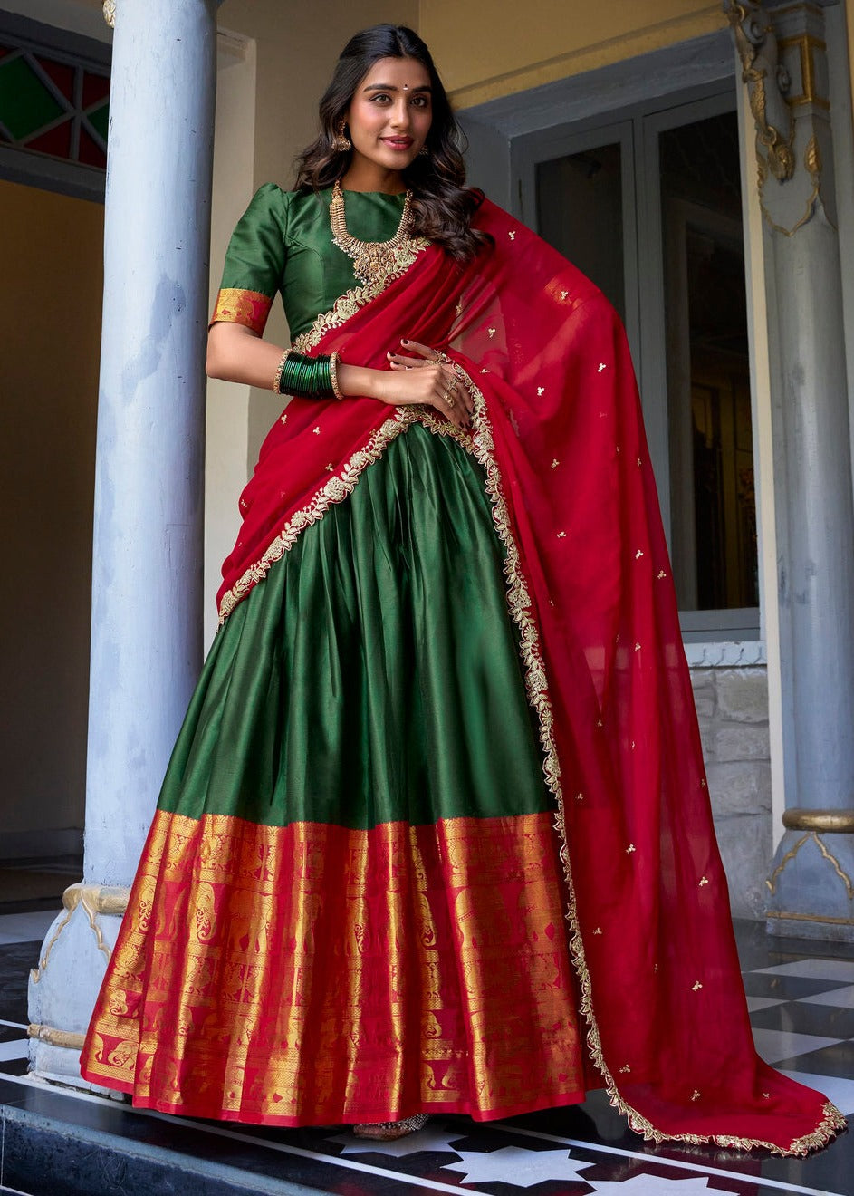 Dark Green & Red Traditional South Indian Silk Lehenga Choli USA UK – Sunasa