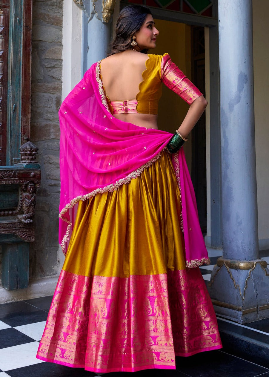 Mustard Yellow & Pink Traditional South Indian Silk Lehenga Choli