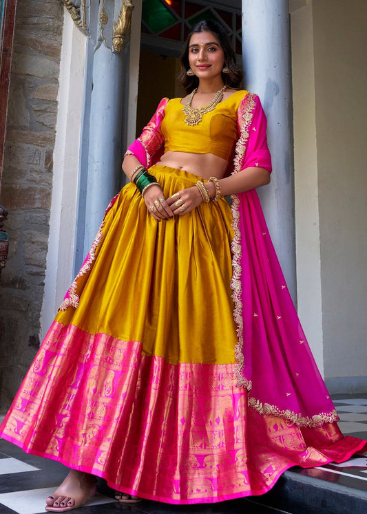 Mustard Yellow & Pink Traditional South Indian Silk Lehenga Choli