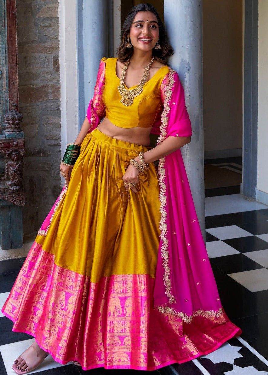 Mustard Yellow & Pink Traditional South Indian Silk Lehenga Choli