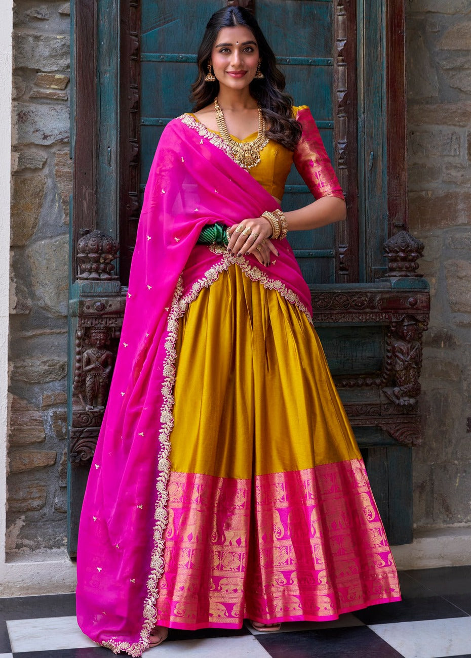 Mustard Yellow & Pink Traditional South Indian Silk Lehenga Choli