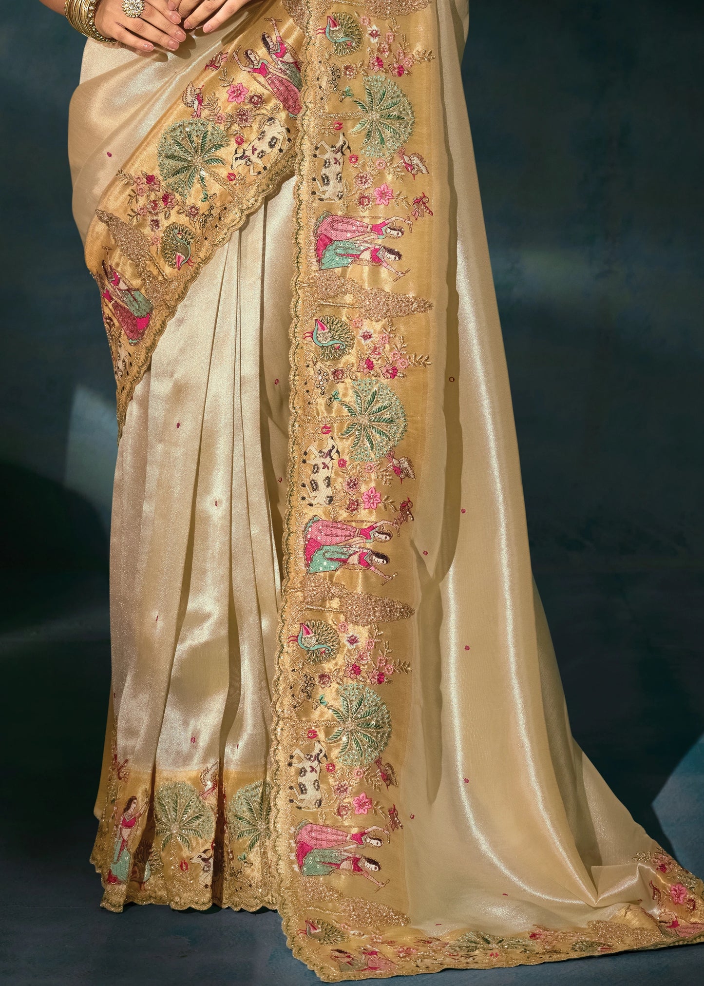 Cream & Golden Kanjivaram Silk Embroidered Bridal Saree