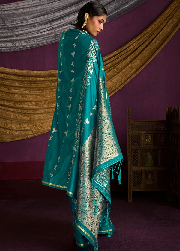Zari Weaving Pure Banarasi Satin Silk Teal Blue Saree
