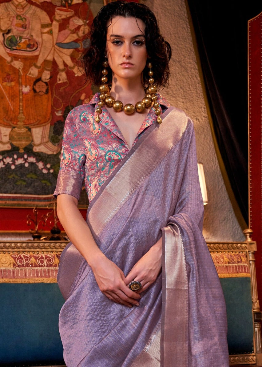 Banarasi Chiffon Purple Handloom Saree With Printed Blouse