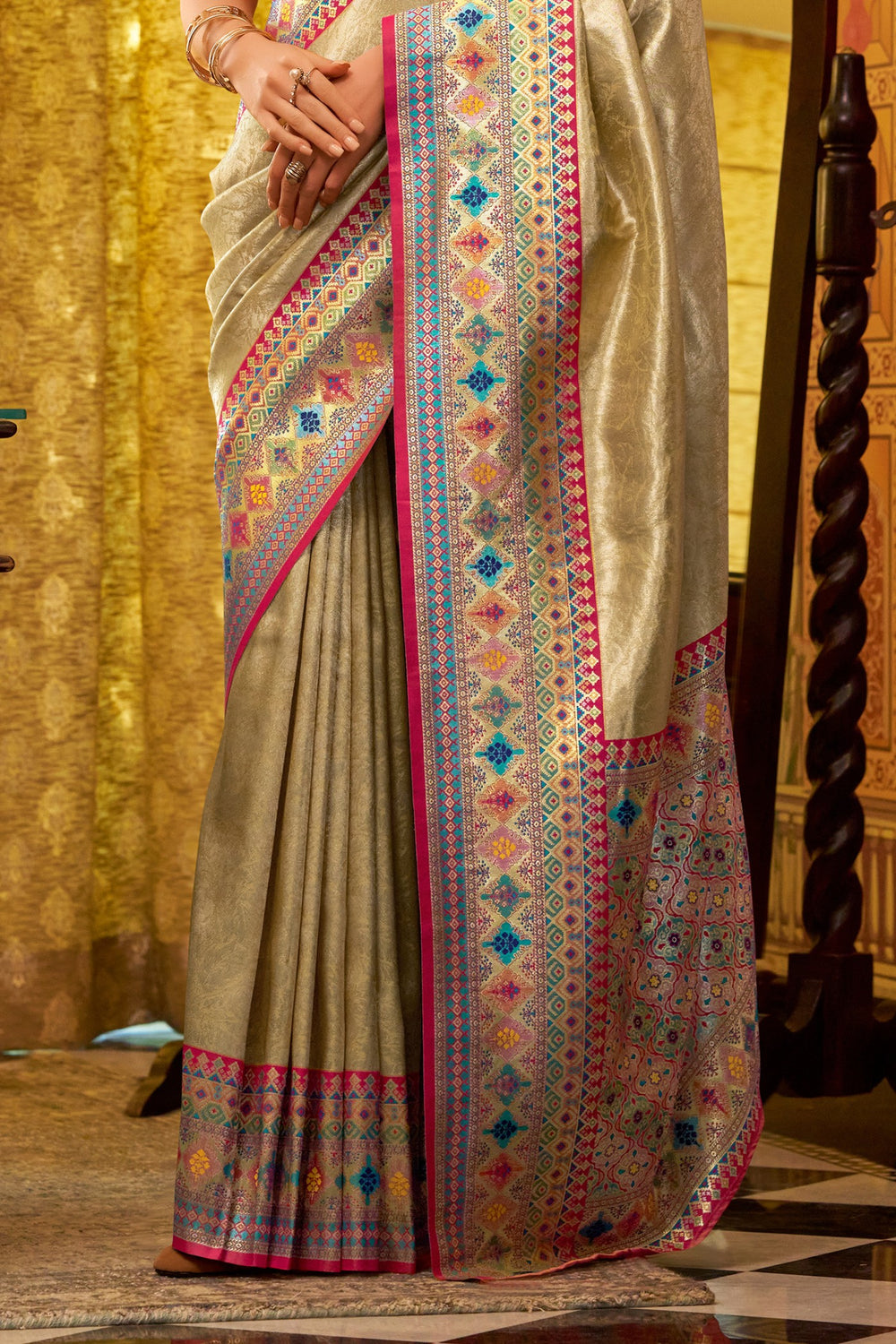 Cream Banarasi Tissue Silk Multicolor Weaving Border Saree