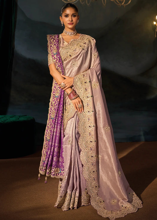 Rose Gold Kanjivaram Silk Embroidered Saree With Dupatta