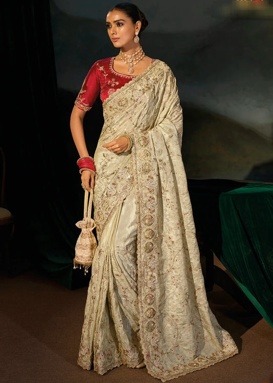 Ivory Cream Kanjivaram Silk Embroidered Saree