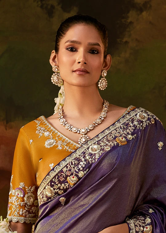 Pure Tissue Silk Purple Embroidered Saree With Yellow Blouse