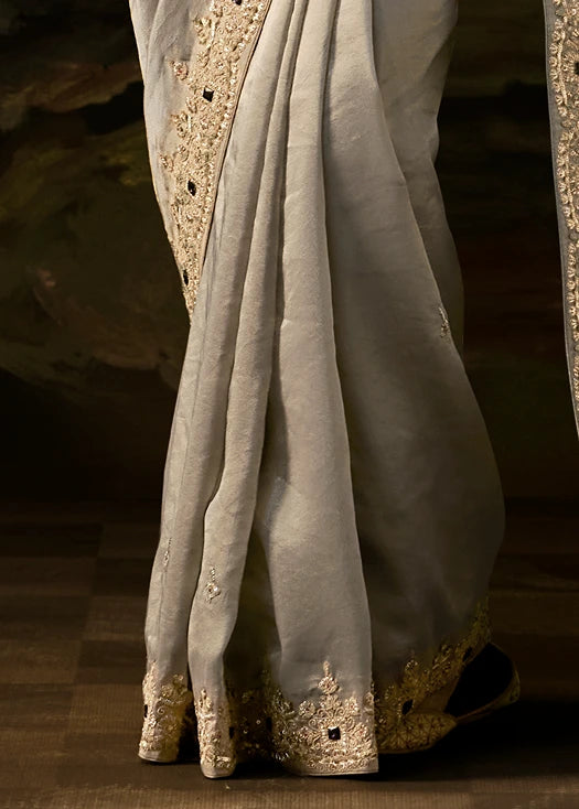 Pure Tissue Silk Silver Embroidered Saree With Purple Blouse