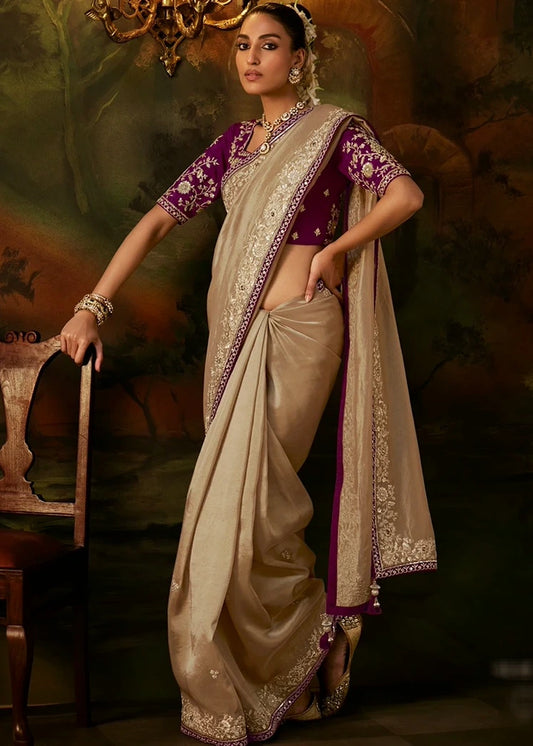 Pure Tissue Silk Beige Embroidered Saree With Maroon Blouse