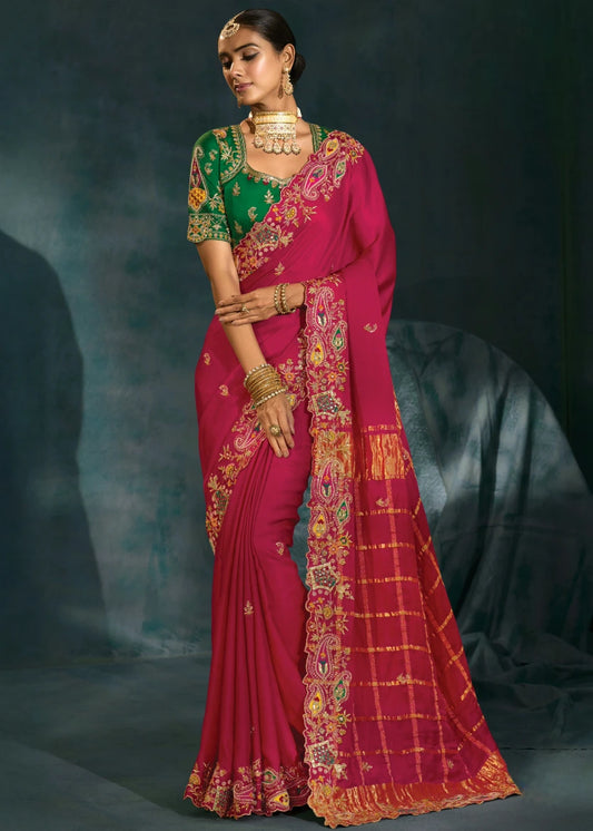 Rani Pink Banarasi Gajji Silk Embroidered Bridal Gharchola Saree