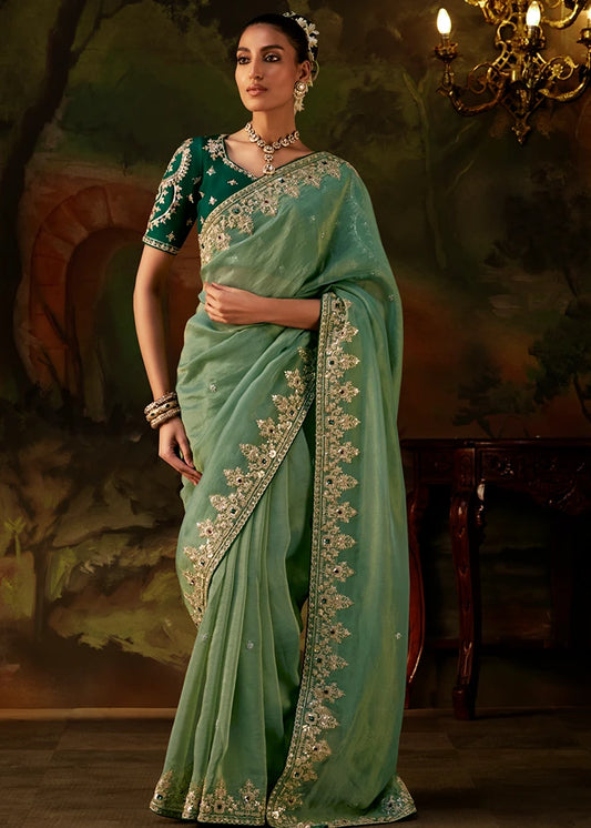 Pure Tissue Silk Sea Green Embroidered Saree