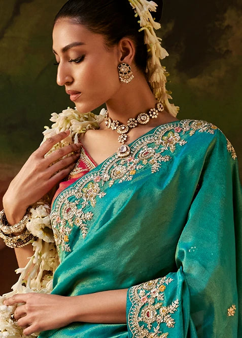 Pure Tissue Silk Turquoise Blue Embroidered Saree