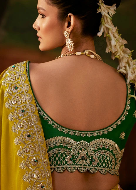 Pure Tissue Silk Yellow Embroidered Saree With Green Blouse