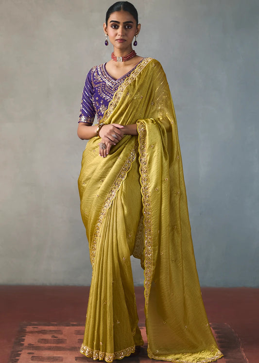 Lime Green Organza Tissue Silk Saree