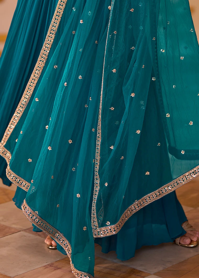 Teal Blue Anarkali Gown Suit With Dupatta