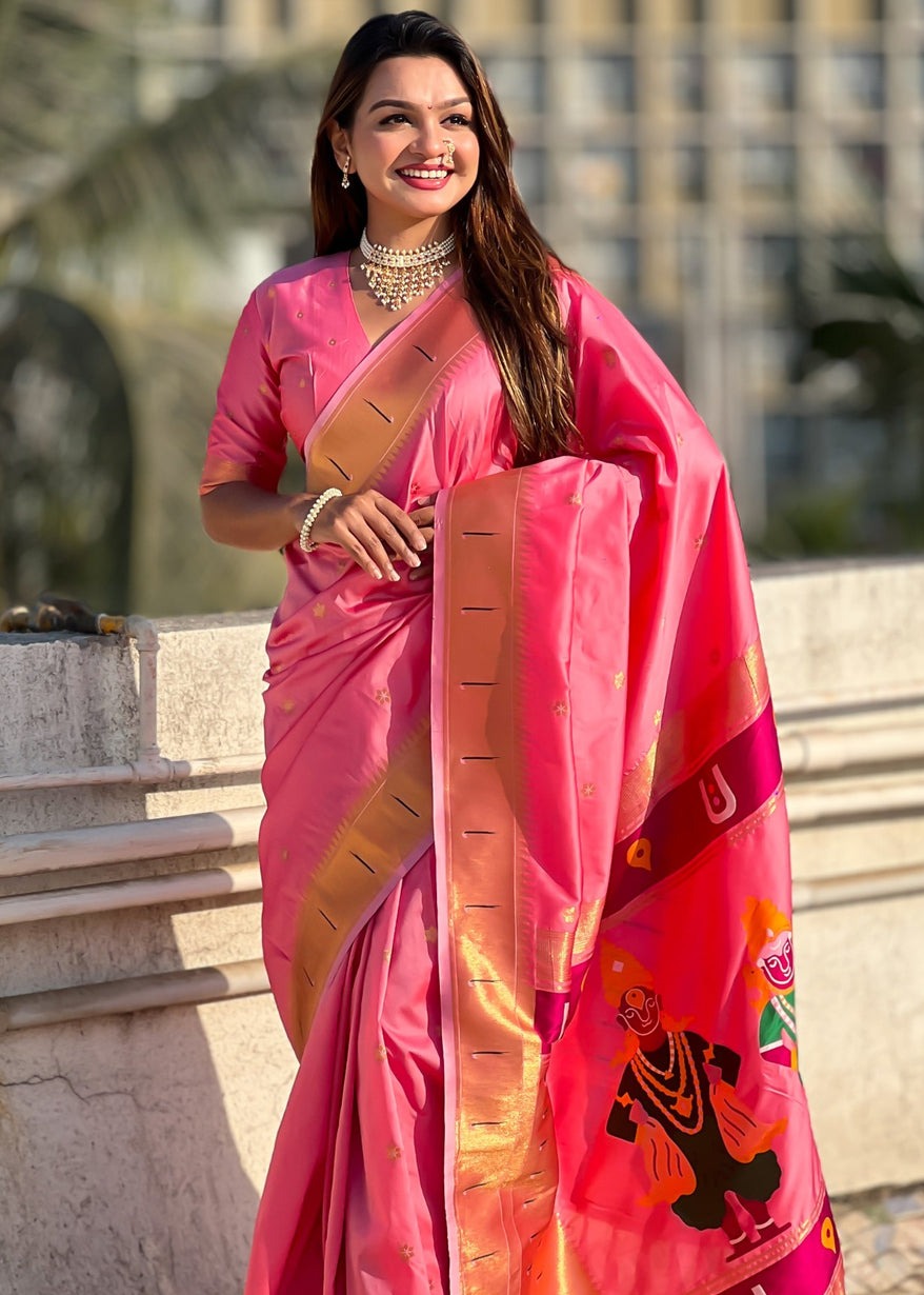 Candy Pink Handwoven Paithani Silk Saree