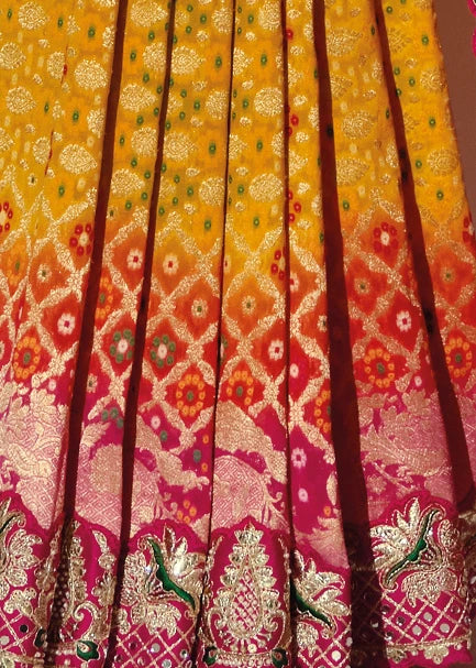 Yellow & Rani Pink Ombre Bandhani Silk Saree With Meenakari