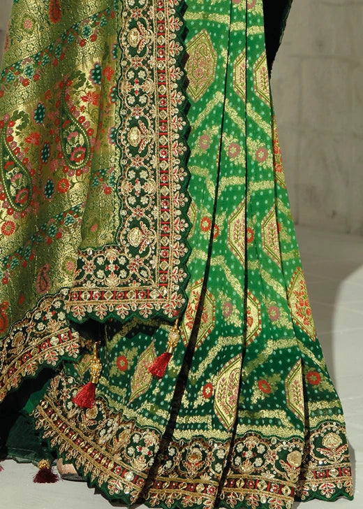 Green Ombre Banarasi Khaddi Georgette Saree & Red Blouse