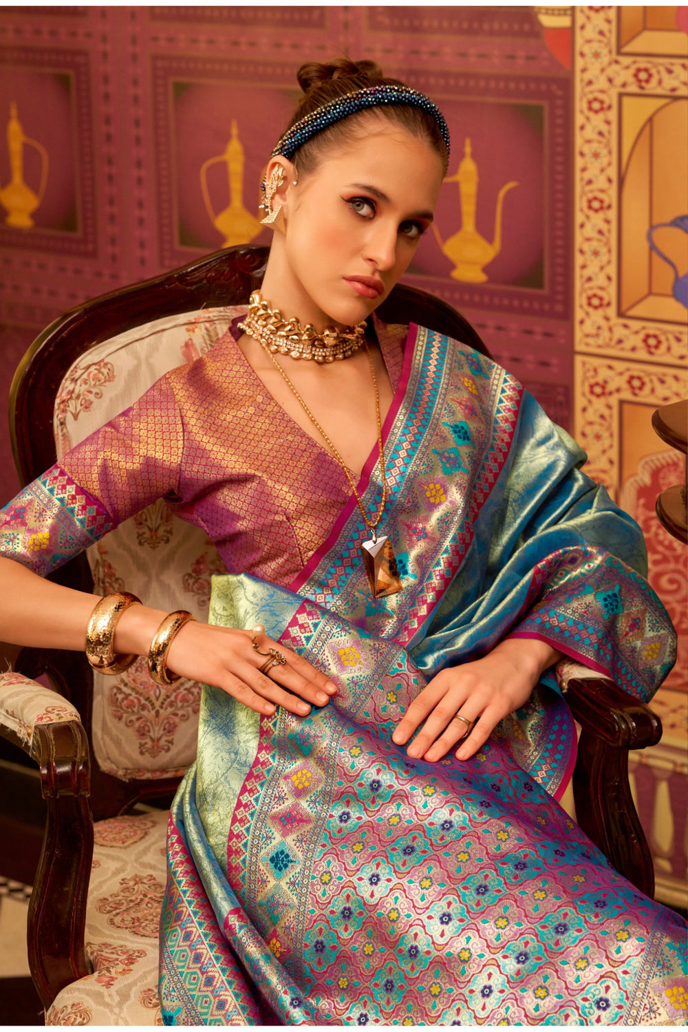 Sky Blue Banarasi Tissue Silk Multicolor Weaving Border Saree