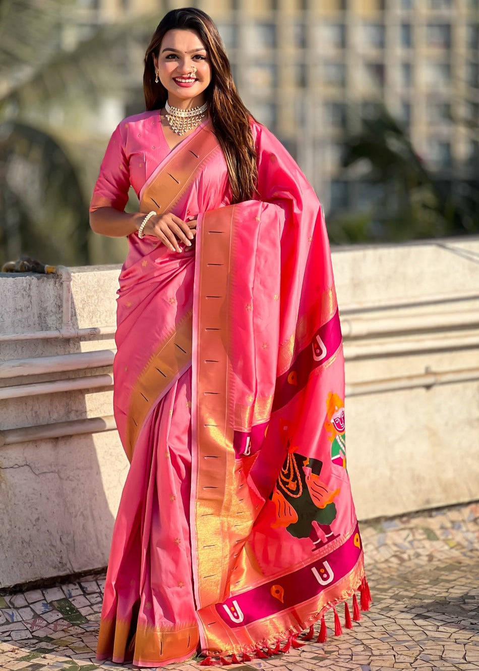 Candy Pink Handwoven Paithani Silk Saree