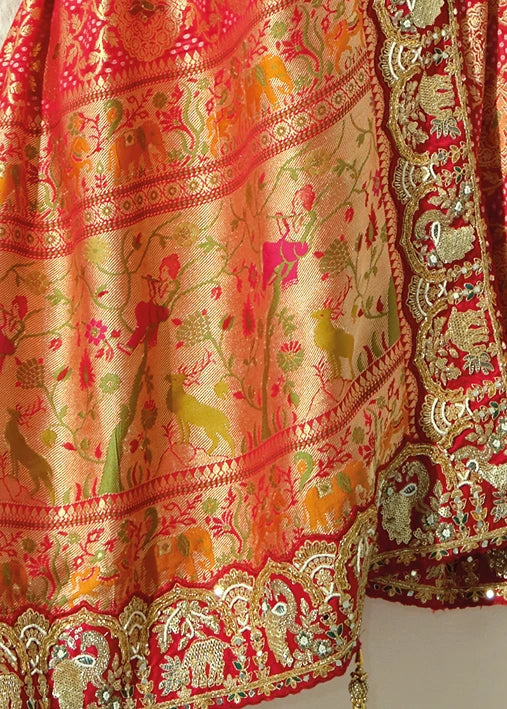 Red Bandhani Saree With Yellow Blouse