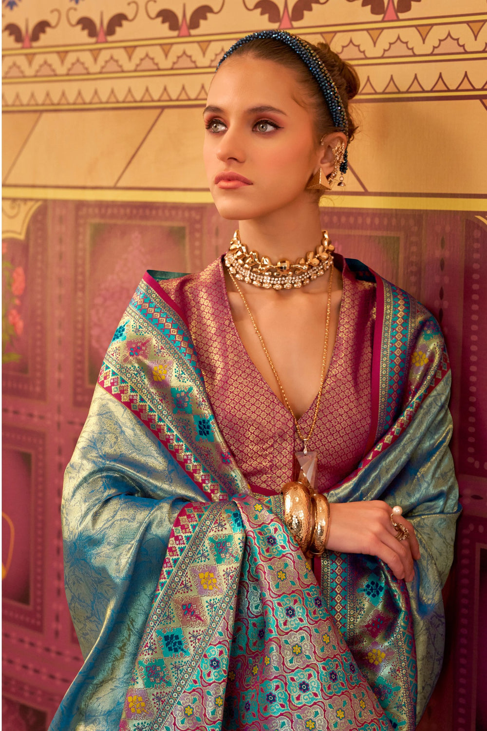 Sky Blue Banarasi Tissue Silk Multicolor Weaving Border Saree
