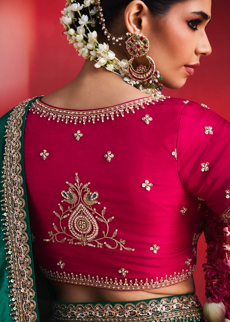 Green Silk Embroidered Saree & Red Blouse