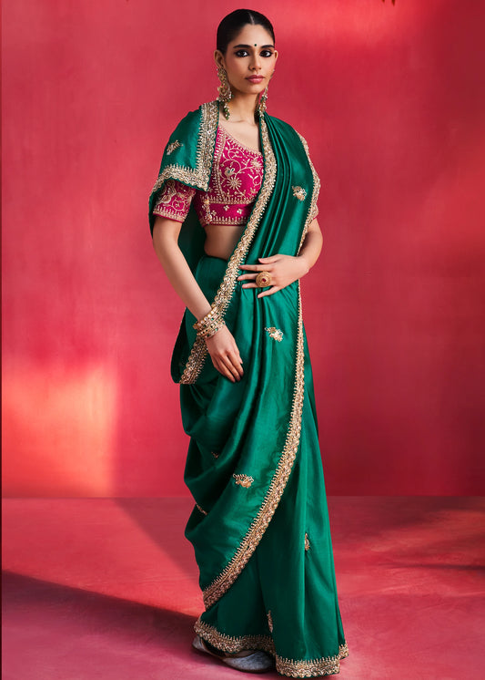 Green Silk Embroidered Saree & Red Blouse